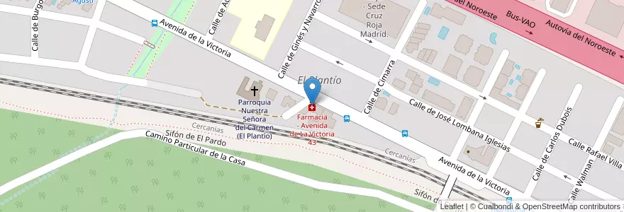 Mapa de ubicacion de Farmacia - Avenida de La Victoria 43 en Espanha, Comunidade De Madrid, Comunidade De Madrid, Área Metropolitana De Madrid Y Corredor Del Henares, Madrid.