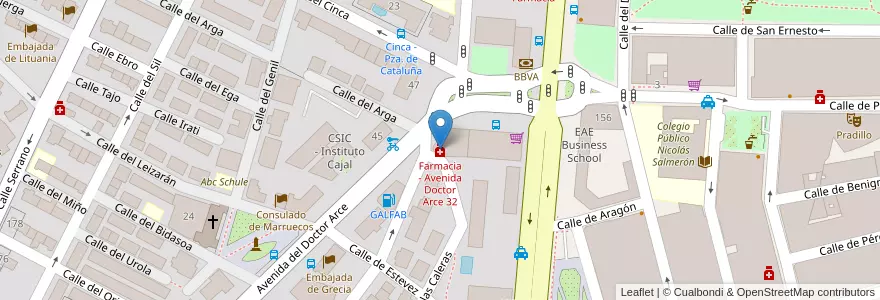 Mapa de ubicacion de Farmacia - Avenida Doctor Arce 32 en اسپانیا, بخش خودمختار مادرید, بخش خودمختار مادرید, Área Metropolitana De Madrid Y Corredor Del Henares, مادرید.