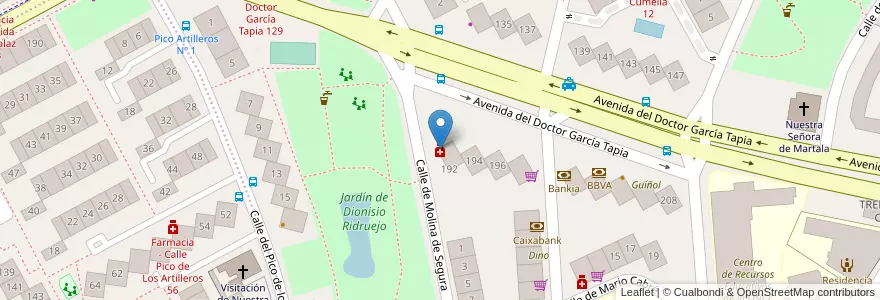 Mapa de ubicacion de Farmacia - Avenida Doctor García Tapia 192 en スペイン, マドリード州, Comunidad De Madrid, Área Metropolitana De Madrid Y Corredor Del Henares, Madrid.