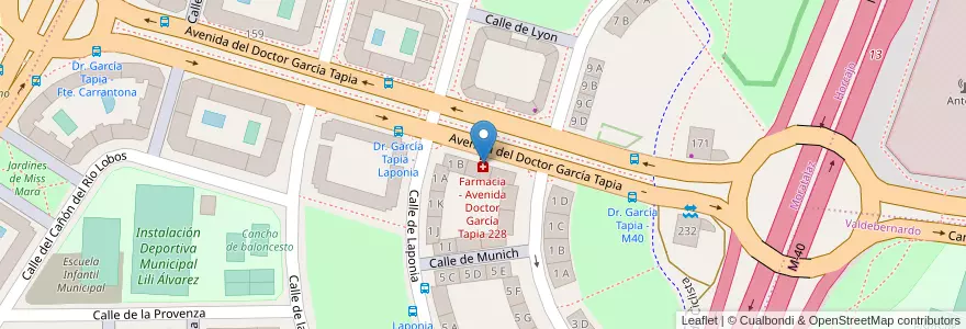 Mapa de ubicacion de Farmacia - Avenida Doctor García Tapia 228 en Spanje, Comunidad De Madrid, Comunidad De Madrid, Área Metropolitana De Madrid Y Corredor Del Henares, Madrid.