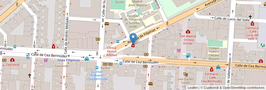 Mapa de ubicacion de Farmacia - Avenida Filipinas 4 en اسپانیا, بخش خودمختار مادرید, بخش خودمختار مادرید, Área Metropolitana De Madrid Y Corredor Del Henares, مادرید.