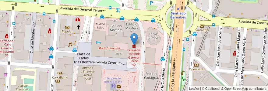 Mapa de ubicacion de Farmacia - Avenida General Perón 40 en スペイン, マドリード州, Comunidad De Madrid, Área Metropolitana De Madrid Y Corredor Del Henares, Madrid.
