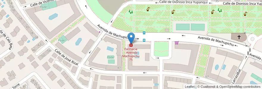 Mapa de ubicacion de Farmacia - Avenida Machupichu 75 en اسپانیا, بخش خودمختار مادرید, بخش خودمختار مادرید, Área Metropolitana De Madrid Y Corredor Del Henares, مادرید.
