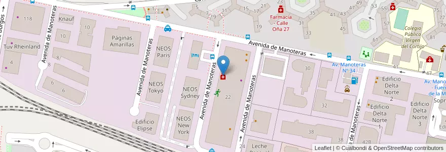 Mapa de ubicacion de Farmacia - Avenida Manoteras 22 en スペイン, マドリード州, Comunidad De Madrid, Área Metropolitana De Madrid Y Corredor Del Henares, Madrid.