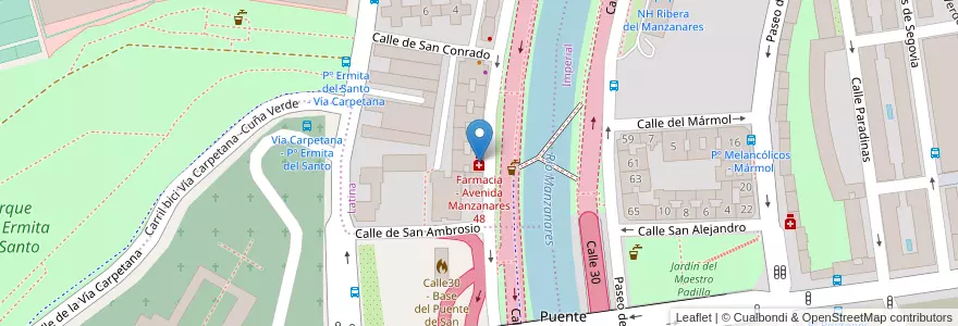 Mapa de ubicacion de Farmacia - Avenida Manzanares 48 en Sepanyol, Comunidad De Madrid, Comunidad De Madrid, Área Metropolitana De Madrid Y Corredor Del Henares, Madrid.