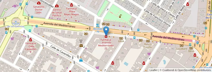 Mapa de ubicacion de Farmacia - Avenida Mediterráneo 22 en İspanya, Comunidad De Madrid, Comunidad De Madrid, Área Metropolitana De Madrid Y Corredor Del Henares, Madrid.