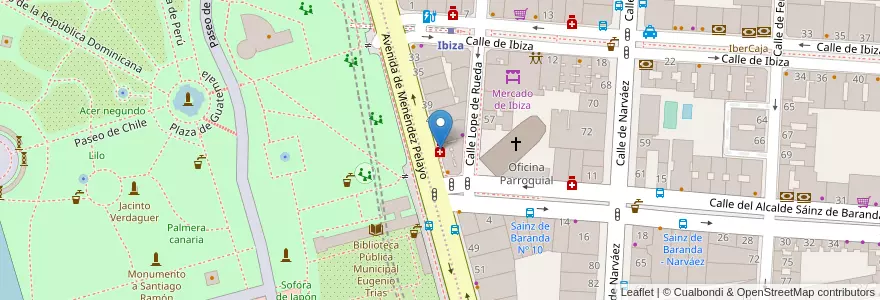 Mapa de ubicacion de Farmacia - Avenida Menéndez Pelayo 45 en إسبانيا, منطقة مدريد, منطقة مدريد, Área Metropolitana De Madrid Y Corredor Del Henares, مدريد.