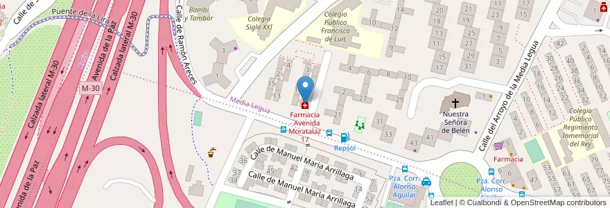 Mapa de ubicacion de Farmacia - Avenida Moratalaz 17 en إسبانيا, منطقة مدريد, منطقة مدريد, Área Metropolitana De Madrid Y Corredor Del Henares, مدريد.