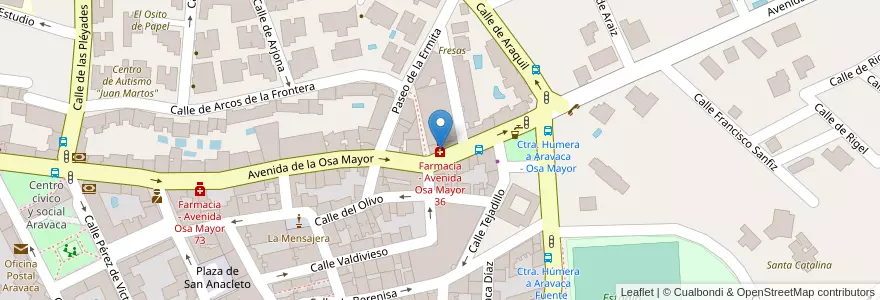 Mapa de ubicacion de Farmacia - Avenida Osa Mayor 36 en اسپانیا, بخش خودمختار مادرید, بخش خودمختار مادرید, Área Metropolitana De Madrid Y Corredor Del Henares, مادرید.