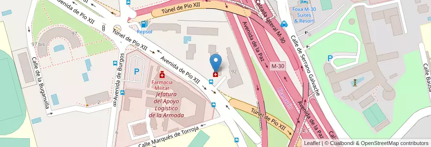 Mapa de ubicacion de Farmacia - Avenida Pío XII 94 en إسبانيا, منطقة مدريد, منطقة مدريد, Área Metropolitana De Madrid Y Corredor Del Henares, مدريد.