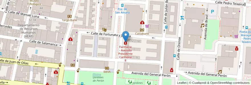 Mapa de ubicacion de Farmacia - Avenida Presidente Carmona 8 en Spain, Community Of Madrid, Community Of Madrid, Área Metropolitana De Madrid Y Corredor Del Henares, Madrid.