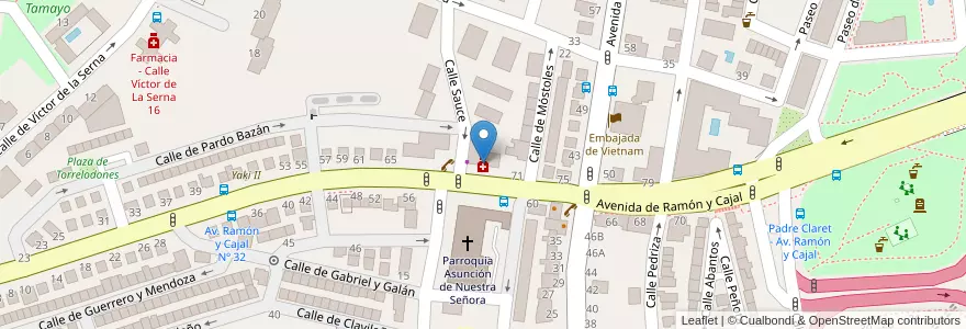 Mapa de ubicacion de Farmacia - Avenida Ramón y Cajal 69 en اسپانیا, بخش خودمختار مادرید, بخش خودمختار مادرید, Área Metropolitana De Madrid Y Corredor Del Henares, مادرید.