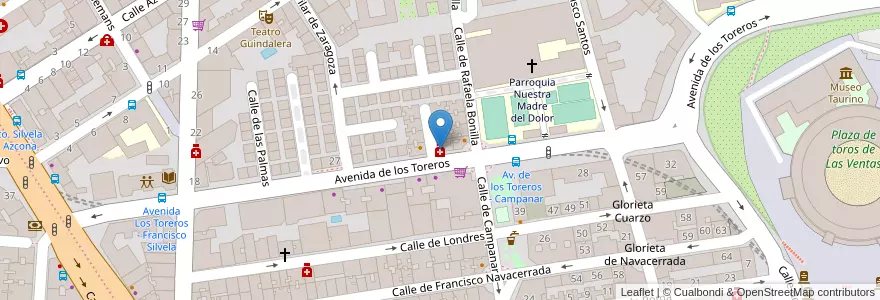 Mapa de ubicacion de Farmacia - Avenida Toreros 41 en اسپانیا, بخش خودمختار مادرید, بخش خودمختار مادرید, Área Metropolitana De Madrid Y Corredor Del Henares, مادرید.