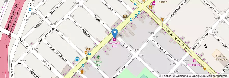 Mapa de ubicacion de Farmacia Azul, Villa Real en 阿根廷, 布宜诺斯艾利斯省, Comuna 10, Partido De Tres De Febrero.