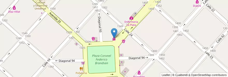 Mapa de ubicacion de Farmacia Brandsen, Casco Urbano en 아르헨티나, 부에노스아이레스주, Partido De La Plata, La Plata.