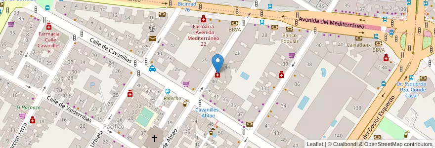 Mapa de ubicacion de Farmacia - Calle Abtao 42 en اسپانیا, بخش خودمختار مادرید, بخش خودمختار مادرید, Área Metropolitana De Madrid Y Corredor Del Henares, مادرید.