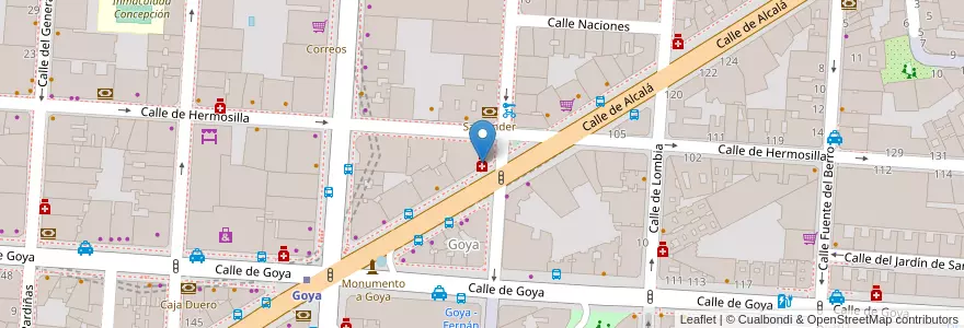 Mapa de ubicacion de Farmacia - Calle Alcalá 157 en اسپانیا, بخش خودمختار مادرید, بخش خودمختار مادرید, Área Metropolitana De Madrid Y Corredor Del Henares, مادرید.