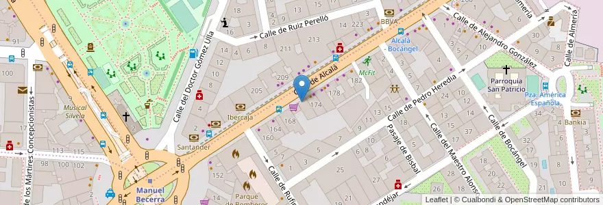 Mapa de ubicacion de Farmacia - Calle Alcalá 172 en اسپانیا, بخش خودمختار مادرید, بخش خودمختار مادرید, Área Metropolitana De Madrid Y Corredor Del Henares, مادرید.