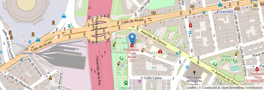 Mapa de ubicacion de Farmacia - Calle Alcalá 222 en اسپانیا, بخش خودمختار مادرید, بخش خودمختار مادرید, Área Metropolitana De Madrid Y Corredor Del Henares, مادرید.