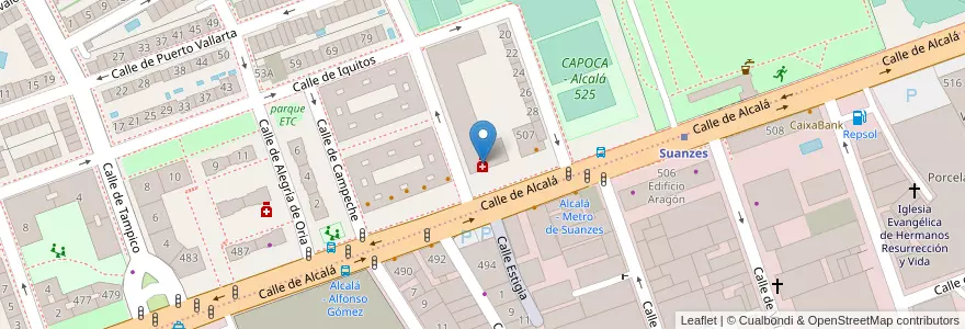 Mapa de ubicacion de Farmacia - Calle Alcalá 505 en اسپانیا, بخش خودمختار مادرید, بخش خودمختار مادرید, Área Metropolitana De Madrid Y Corredor Del Henares, مادرید.