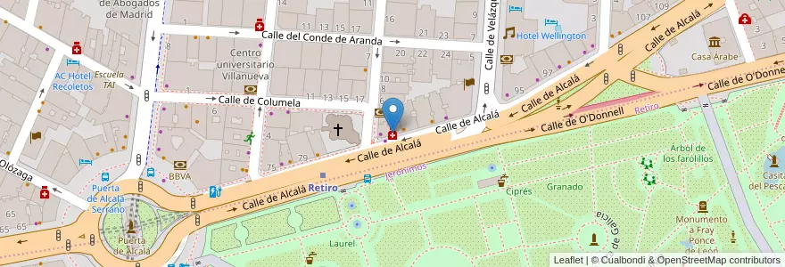 Mapa de ubicacion de Farmacia - Calle Alcalá 85 en اسپانیا, بخش خودمختار مادرید, بخش خودمختار مادرید, Área Metropolitana De Madrid Y Corredor Del Henares, مادرید.