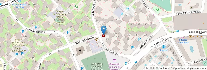 Mapa de ubicacion de Farmacia - Calle Alcorisa 19 en اسپانیا, بخش خودمختار مادرید, بخش خودمختار مادرید, Área Metropolitana De Madrid Y Corredor Del Henares, مادرید.