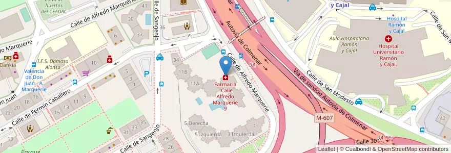 Mapa de ubicacion de Farmacia - Calle Alfredo Marqueríe 9 en España, Comunidad De Madrid, Comunidad De Madrid, Área Metropolitana De Madrid Y Corredor Del Henares, Madrid.