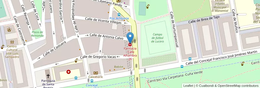 Mapa de ubicacion de Farmacia - Calle Alhambra 26 en España, Comunidad De Madrid, Comunidad De Madrid, Área Metropolitana De Madrid Y Corredor Del Henares, Madrid.
