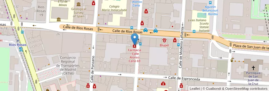 Mapa de ubicacion de Farmacia - Calle Alonso Cano 69 en スペイン, マドリード州, Comunidad De Madrid, Área Metropolitana De Madrid Y Corredor Del Henares, Madrid.