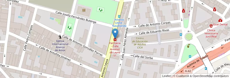Mapa de ubicacion de Farmacia - Calle Antonio de Leyva 51 en اسپانیا, بخش خودمختار مادرید, بخش خودمختار مادرید, Área Metropolitana De Madrid Y Corredor Del Henares, مادرید.