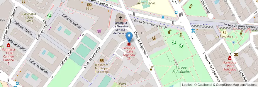 Mapa de ubicacion de Farmacia - Calle Arganda 26 en Spain, Community Of Madrid, Community Of Madrid, Área Metropolitana De Madrid Y Corredor Del Henares, Madrid.