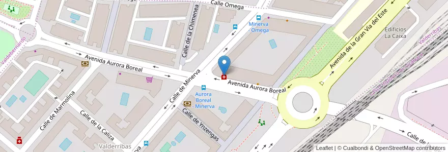 Mapa de ubicacion de Farmacia - Calle Aurora Boreal 21 en اسپانیا, بخش خودمختار مادرید, بخش خودمختار مادرید, Área Metropolitana De Madrid Y Corredor Del Henares, مادرید.