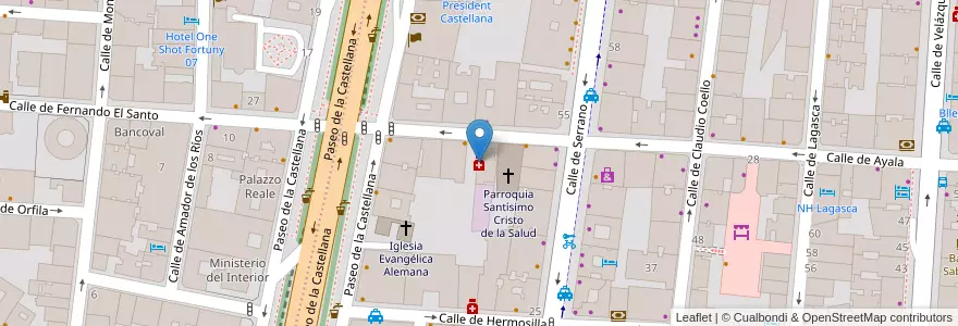 Mapa de ubicacion de Farmacia - Calle Ayala 10 en اسپانیا, بخش خودمختار مادرید, بخش خودمختار مادرید, Área Metropolitana De Madrid Y Corredor Del Henares, مادرید.