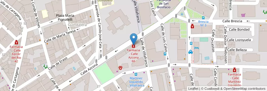 Mapa de ubicacion de Farmacia - Calle Azcona 66 en Spanien, Autonome Gemeinschaft Madrid, Autonome Gemeinschaft Madrid, Área Metropolitana De Madrid Y Corredor Del Henares, Madrid.