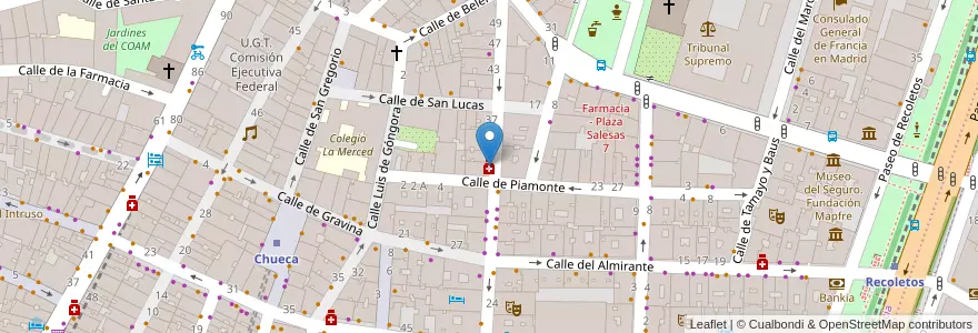 Mapa de ubicacion de Farmacia - Calle Barquillo 31 en اسپانیا, بخش خودمختار مادرید, بخش خودمختار مادرید, Área Metropolitana De Madrid Y Corredor Del Henares, مادرید.