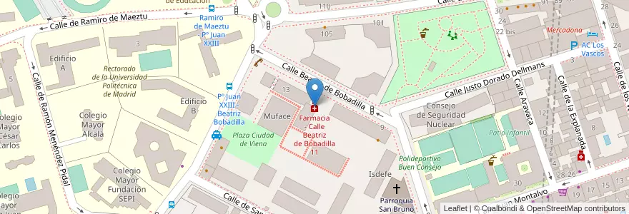 Mapa de ubicacion de Farmacia - Calle Beatriz de Bobadilla 11 en Spanien, Autonome Gemeinschaft Madrid, Autonome Gemeinschaft Madrid, Área Metropolitana De Madrid Y Corredor Del Henares, Madrid.