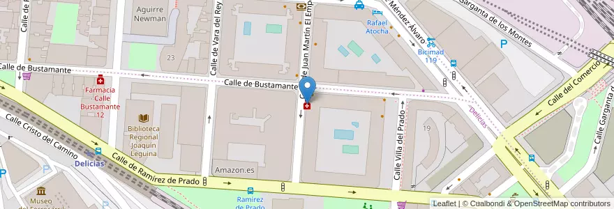 Mapa de ubicacion de Farmacia - Calle Bustamante 18 en Espanha, Comunidade De Madrid, Comunidade De Madrid, Área Metropolitana De Madrid Y Corredor Del Henares, Madrid.