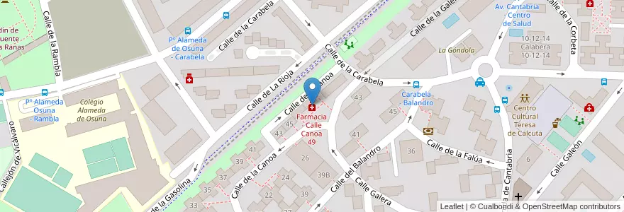 Mapa de ubicacion de Farmacia - Calle Canoa 49 en スペイン, マドリード州, Comunidad De Madrid, Área Metropolitana De Madrid Y Corredor Del Henares, Madrid.