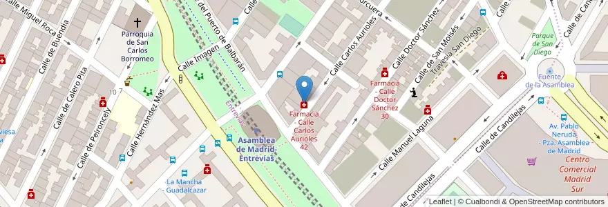 Mapa de ubicacion de Farmacia - Calle Carlos Aurioles 42 en اسپانیا, بخش خودمختار مادرید, بخش خودمختار مادرید, Área Metropolitana De Madrid Y Corredor Del Henares, مادرید.