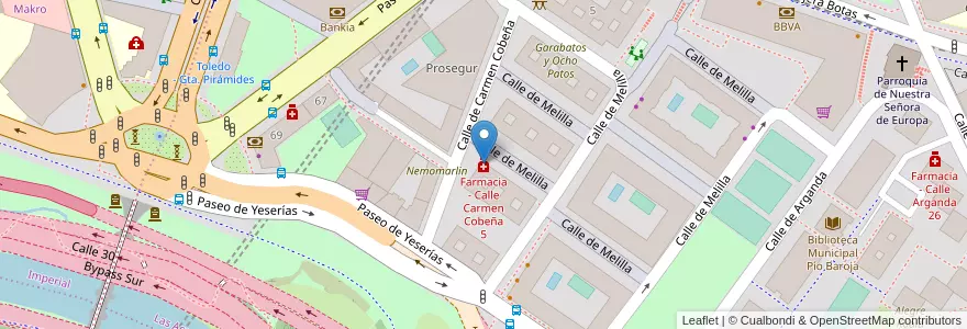 Mapa de ubicacion de Farmacia - Calle Carmen Cobeña 5 en 西班牙, Comunidad De Madrid, Comunidad De Madrid, Área Metropolitana De Madrid Y Corredor Del Henares, Madrid.