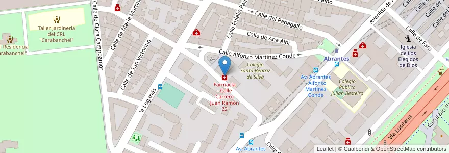 Mapa de ubicacion de Farmacia - Calle Carrero Juan Ramón 22 en اسپانیا, بخش خودمختار مادرید, بخش خودمختار مادرید, Área Metropolitana De Madrid Y Corredor Del Henares, مادرید.