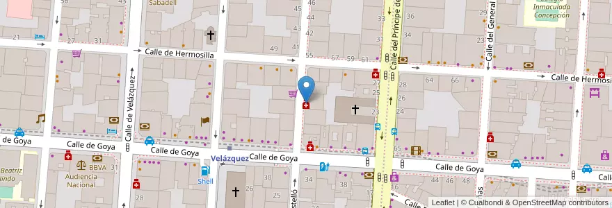 Mapa de ubicacion de Farmacia - Calle Castelló 34 en اسپانیا, بخش خودمختار مادرید, بخش خودمختار مادرید, Área Metropolitana De Madrid Y Corredor Del Henares, مادرید.