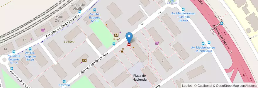 Mapa de ubicacion de Farmacia - Calle Castrillo de Aza 9 en اسپانیا, بخش خودمختار مادرید, بخش خودمختار مادرید, Área Metropolitana De Madrid Y Corredor Del Henares, مادرید.