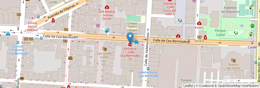 Mapa de ubicacion de Farmacia - Calle Cea Bermúdez 15 en اسپانیا, بخش خودمختار مادرید, بخش خودمختار مادرید, Área Metropolitana De Madrid Y Corredor Del Henares, مادرید.