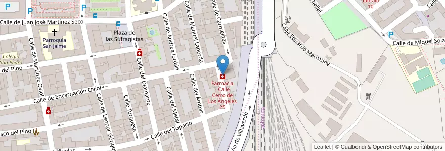 Mapa de ubicacion de Farmacia - Calle Cerro de Los Ángeles 25 en Spain, Community Of Madrid, Community Of Madrid, Área Metropolitana De Madrid Y Corredor Del Henares, Madrid.