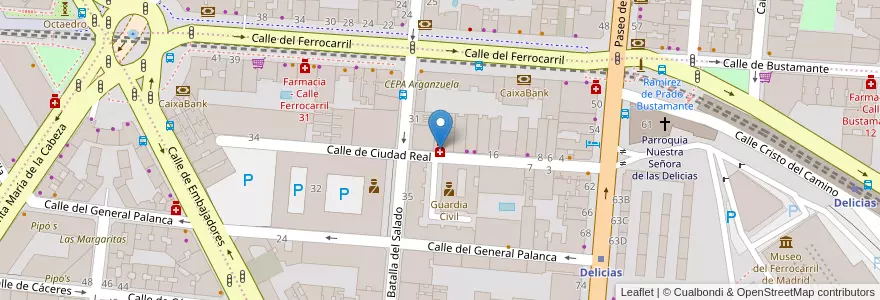 Mapa de ubicacion de Farmacia - Calle Ciudad Real 24 en اسپانیا, بخش خودمختار مادرید, بخش خودمختار مادرید, Área Metropolitana De Madrid Y Corredor Del Henares, مادرید.