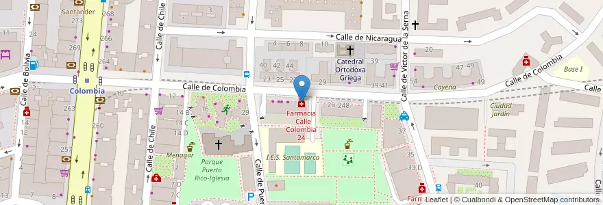 Mapa de ubicacion de Farmacia - Calle Colombia 24 en اسپانیا, بخش خودمختار مادرید, بخش خودمختار مادرید, Área Metropolitana De Madrid Y Corredor Del Henares, مادرید.