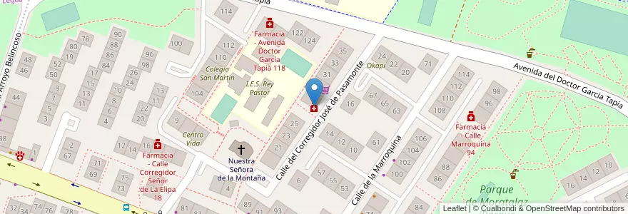 Mapa de ubicacion de Farmacia - Calle Corregidor José de Pasamonte 27 en Sepanyol, Comunidad De Madrid, Comunidad De Madrid, Área Metropolitana De Madrid Y Corredor Del Henares, Madrid.