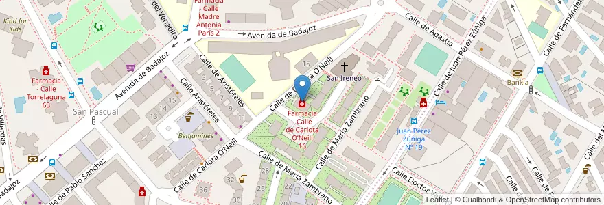 Mapa de ubicacion de Farmacia - Calle de Carlota O’Neill 16 en Sepanyol, Comunidad De Madrid, Comunidad De Madrid, Área Metropolitana De Madrid Y Corredor Del Henares, Madrid.