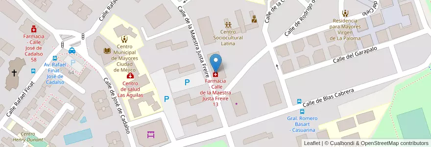 Mapa de ubicacion de Farmacia - Calle de la Maestra Justa Freire 13 en 西班牙, Comunidad De Madrid, Comunidad De Madrid, Área Metropolitana De Madrid Y Corredor Del Henares, Madrid.